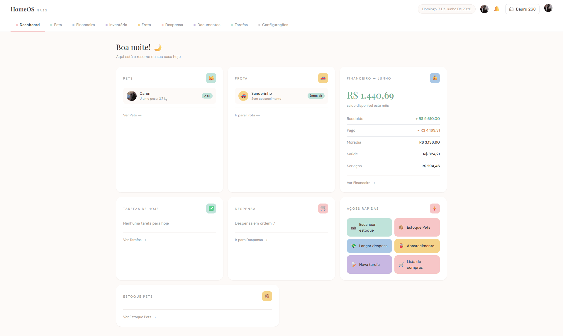 Dashboard do Moru — visão geral da sua casa